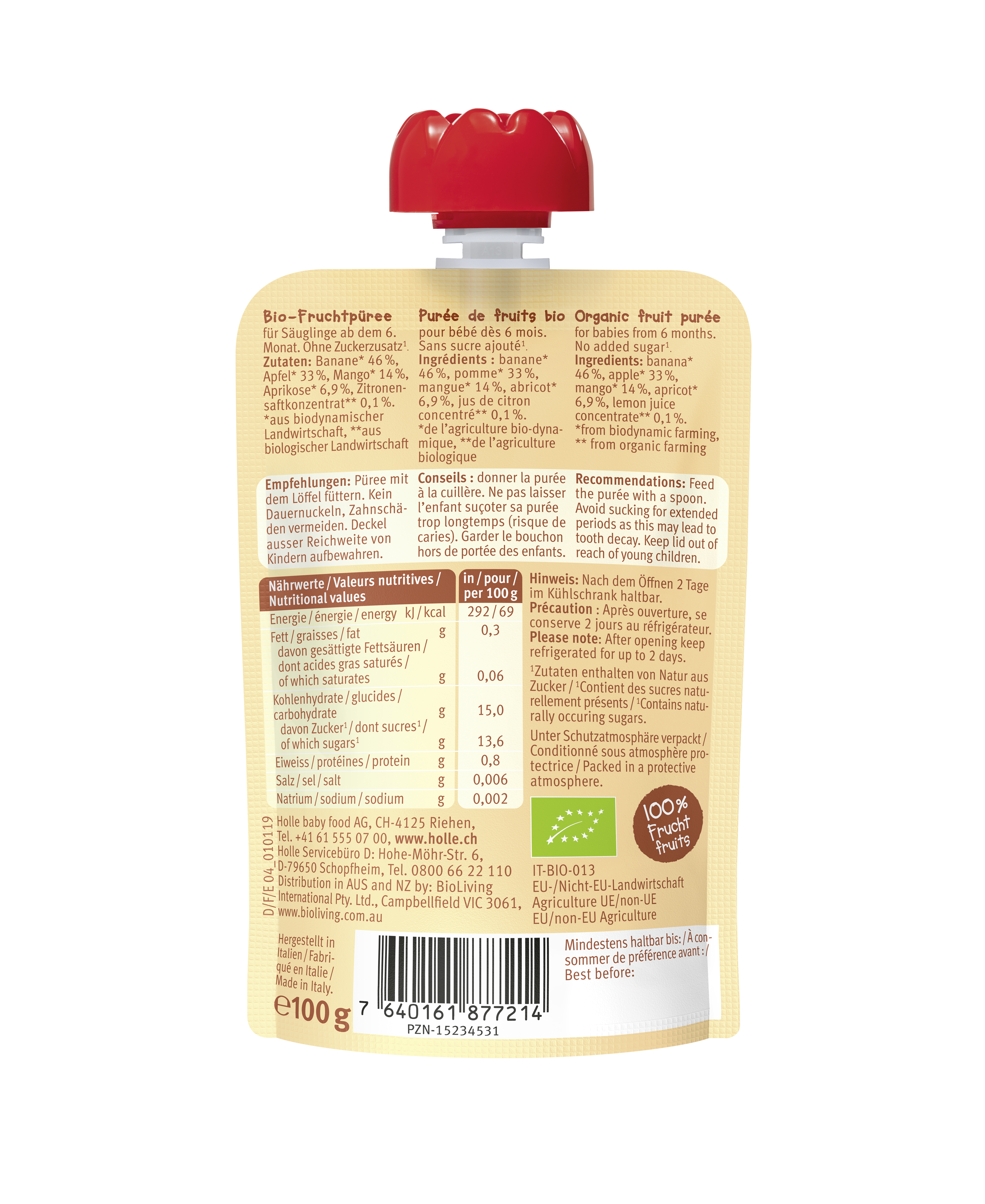 Holle Banana Lama 100g Tasty organic fruit and vegetable purées. Without added sugar or salt. The ideal snack between meals or on the go. With ingredients of best Demeter quality.
